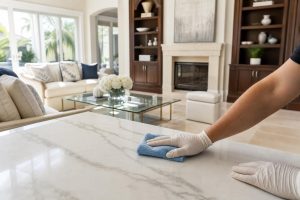 Professional cleaner wiping marble counter in a luxury home living room with custom cabinetry